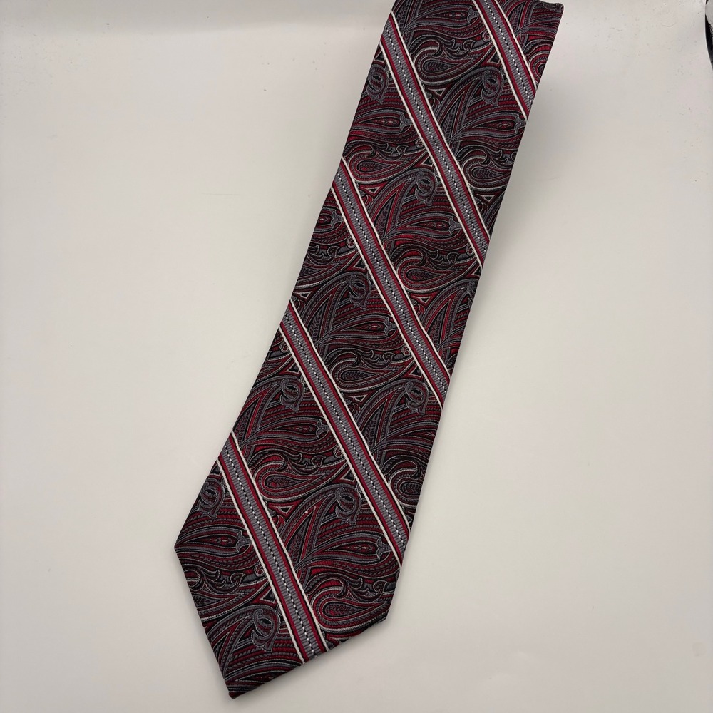 Pronto Uomo Couture Mens Silk Necktie Red Grey Paisley Striped Hand Made